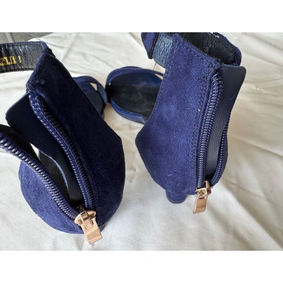 Navy Blue Suede Open-Toe Ankle Strap Sandals With Back Zipper - Picture 4 of 6